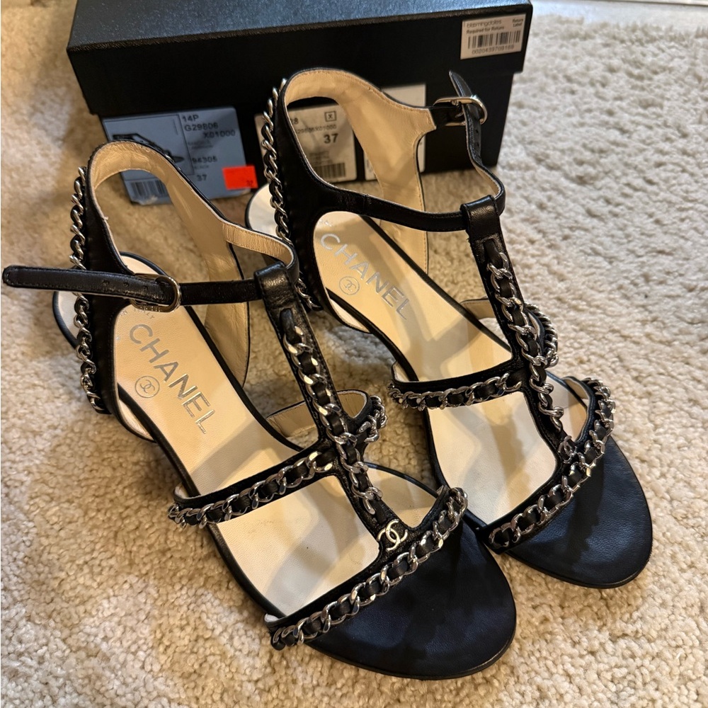 CHANEL Black Sandals with Chain Detail